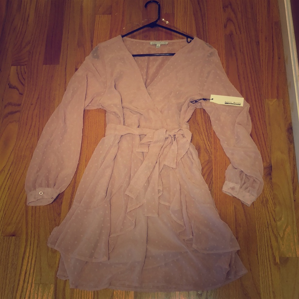 Nude color long sleeve midi dress.